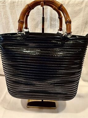 Vintage Gucci Black Patent Leather Handbag with Bamboo Handles